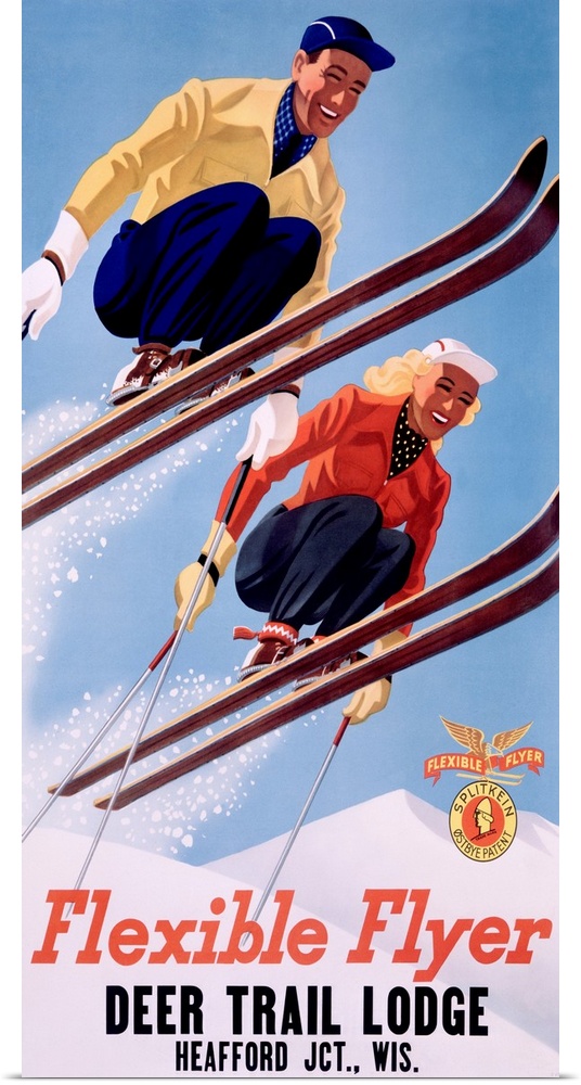 Old poster print advertising ski lodge.  Two skiers are in mid air over snow with the text "Deer Trail Lodge Heafford JCT....