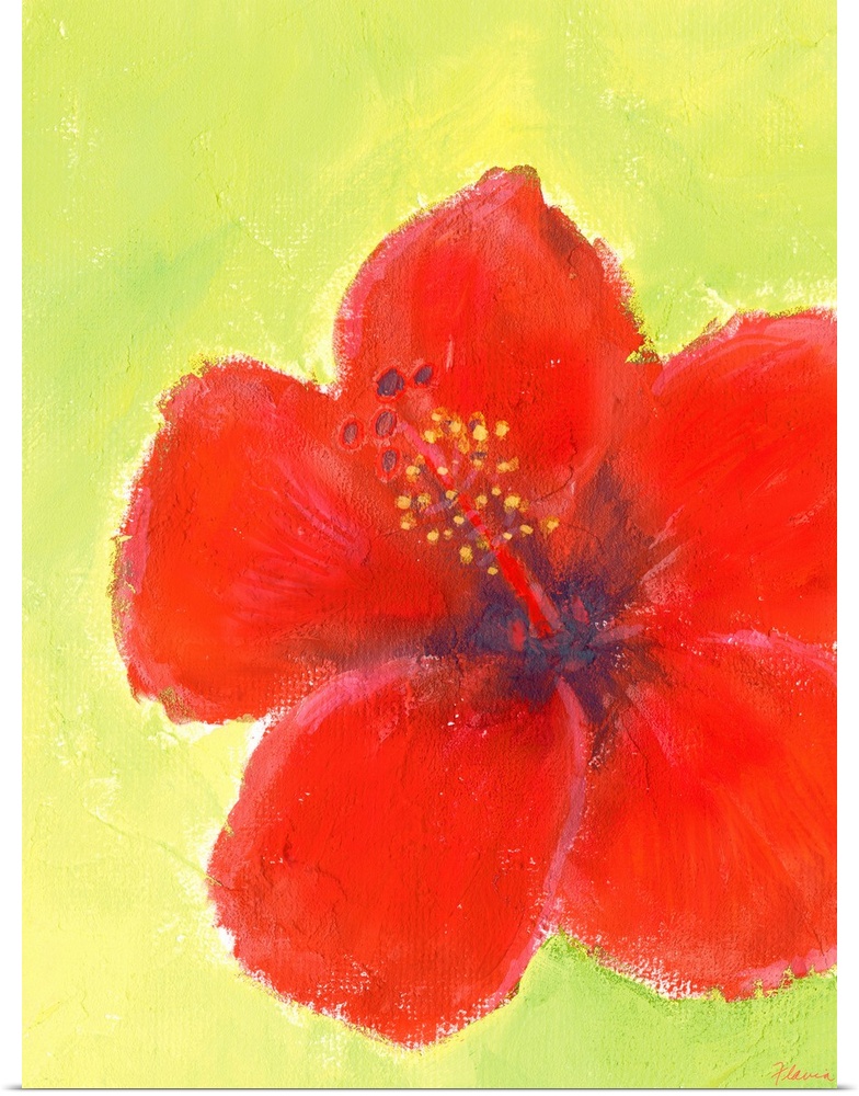 A large red flower is painted against a mustard colored background.