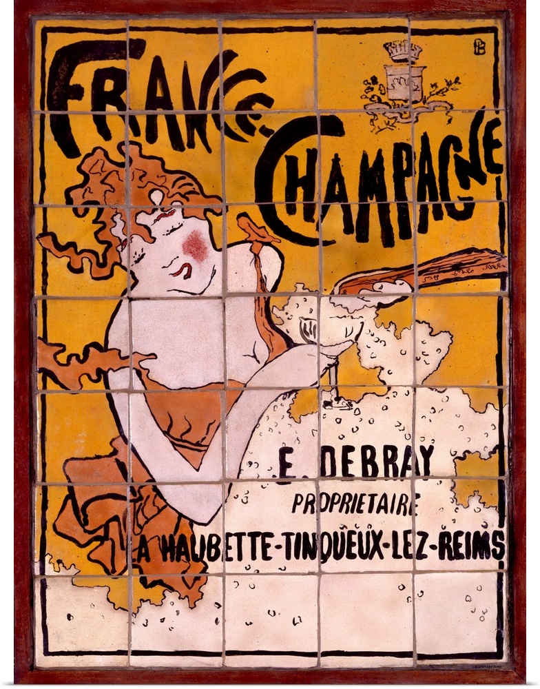 Antiqued poster print advertising champagne with a painting of a woman with a wine glass.