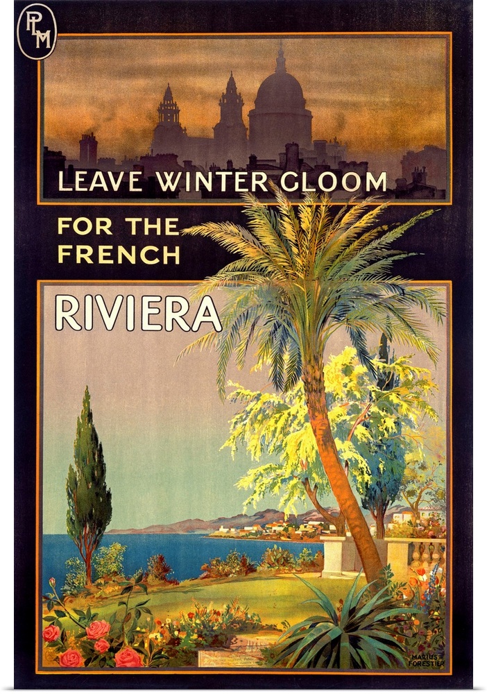 This vertical travel poster contrasts a dreary and polluted city with the colorful clear air of the Mediterranean.