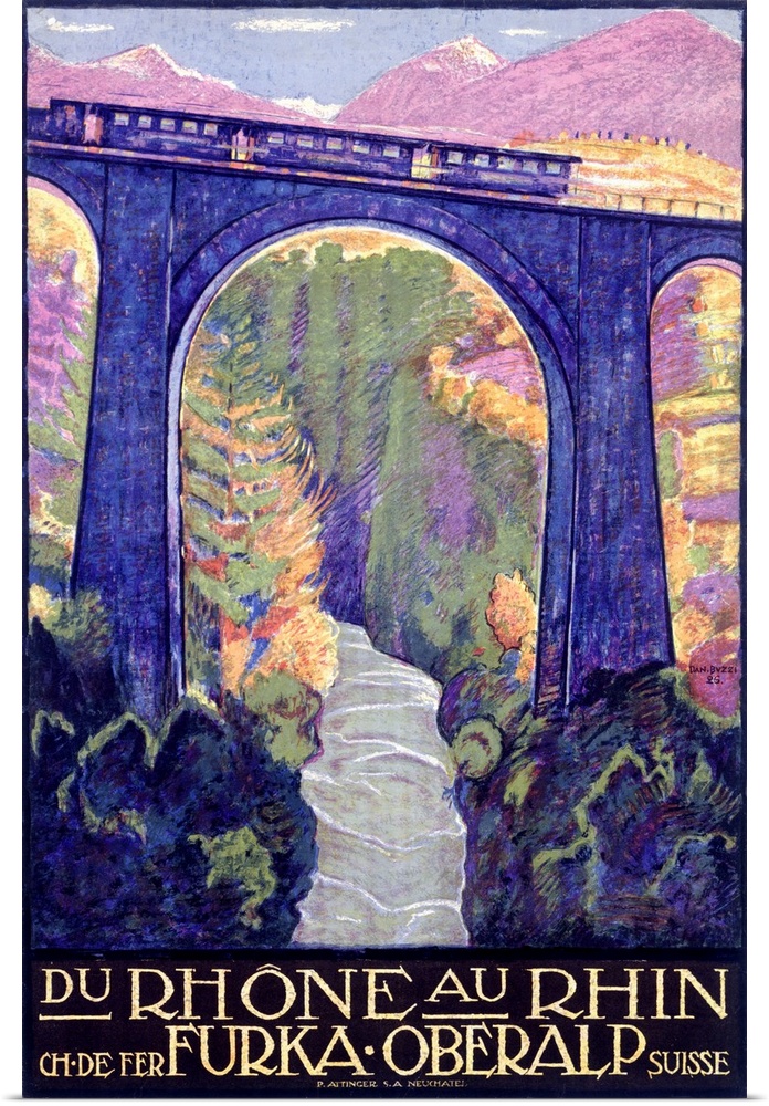 Antiqued poster of a train riding across a tall bridge over a river with colored trees and mountains in the background.