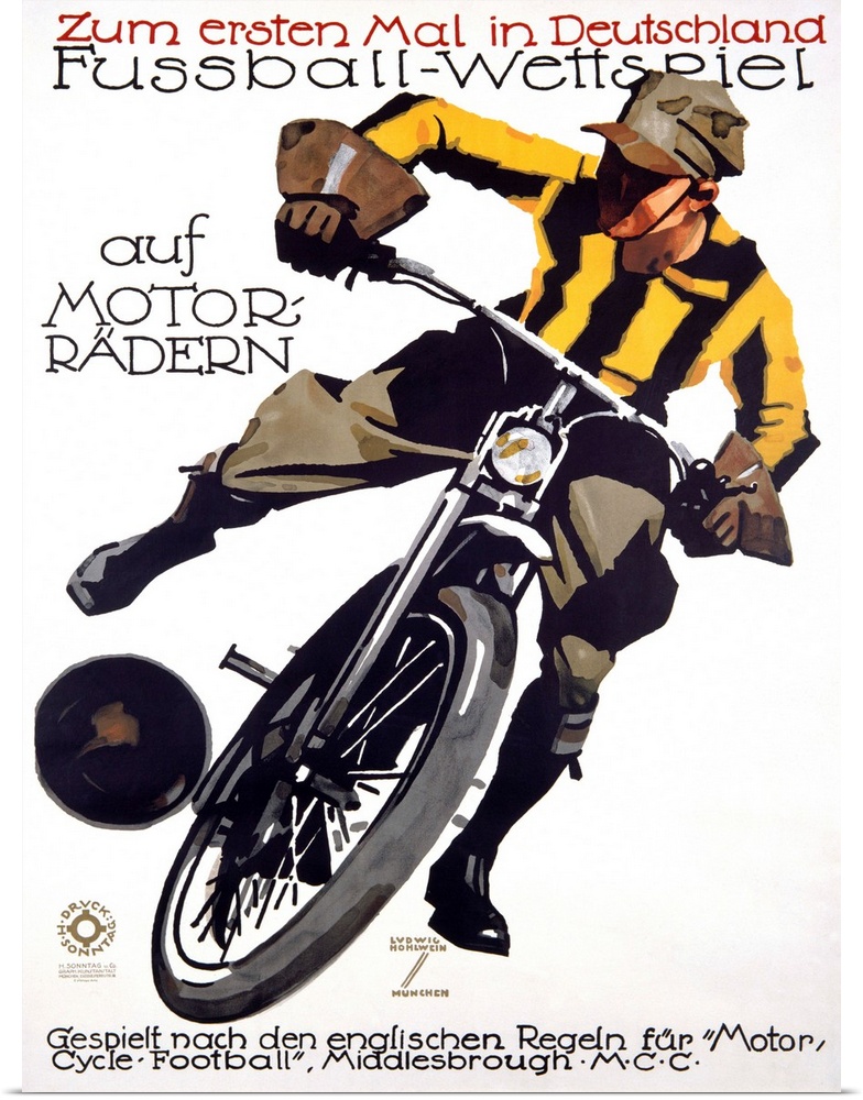 Fussball Wettspeil, auf Motorradern, Vintage Poster, by Ludwig Hohlwein