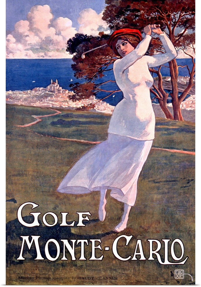 Old painting of a woman golfing with the ocean in the background on canvas.