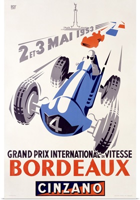 Grand Prix, Bordeaux, 1953, International de Vitesse, Vintage Poster