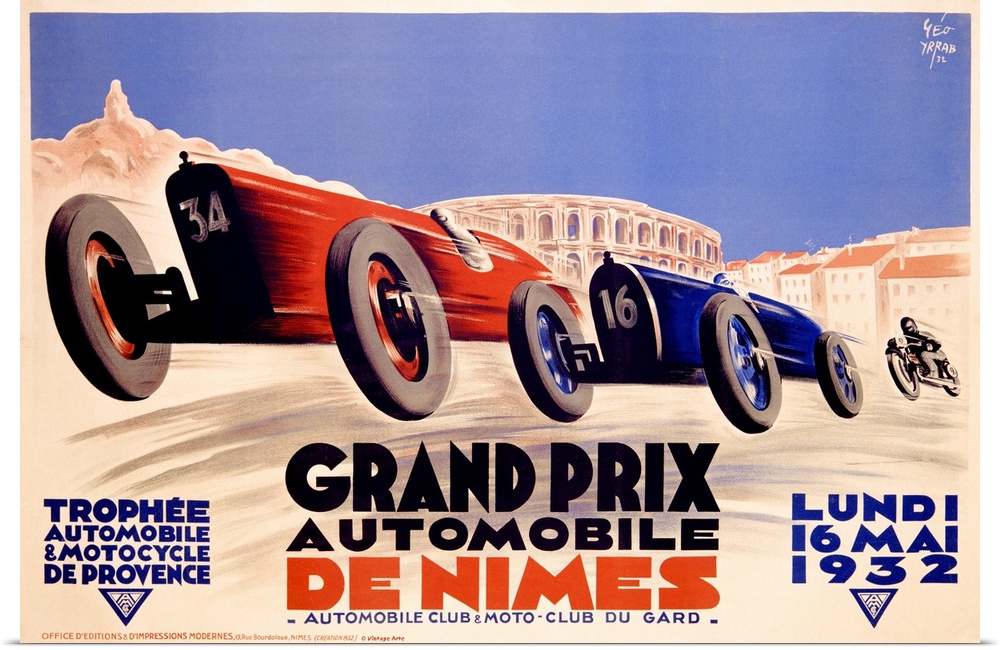 Classic promotional artwork for the 1932 Grand Prix de Nimes in France featuring two cars and a motorcycle racing on city ...