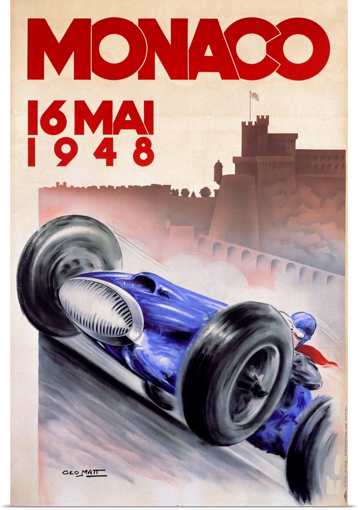 Old advertising poster for 16 Mai race with a vintage race car speeding along with the silhouette of a city in the distanc...