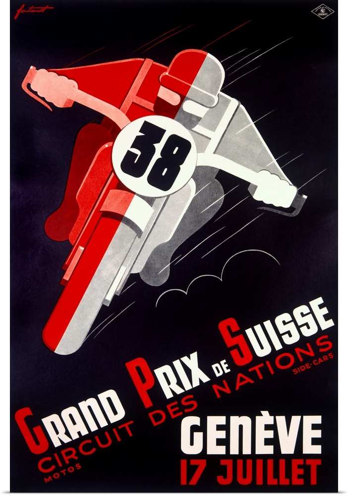 This vintage poster has a bike racer leaning to one side and the text "Grand Prix de Suisse" beneath him.