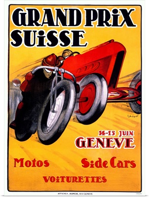Grand Prix Suisse, Geneve, Motos, Side Cars, Vintage Poster