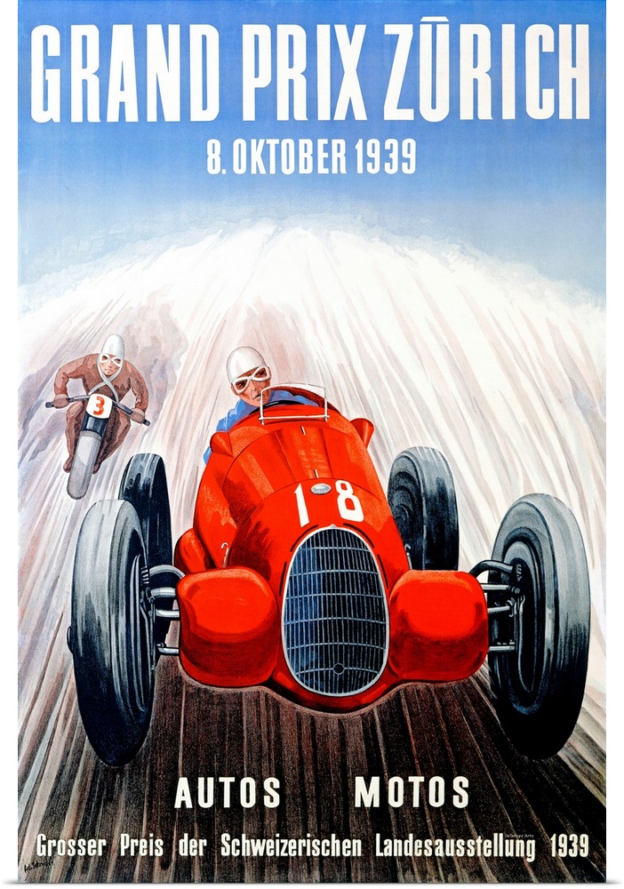 This vintage poster is a drawing of a man racing in a car with another man just to the left and behind him racing on a mot...