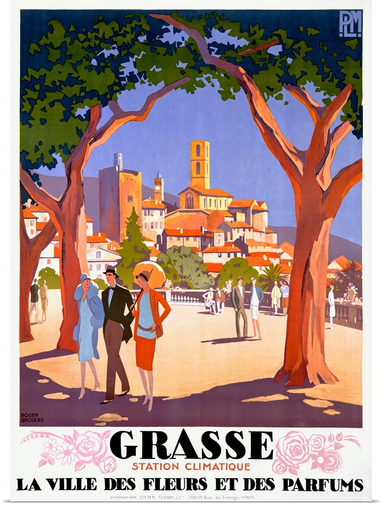 Old print advertising vacation travel.  A colorful image of a city is seen from between two huge trees in park filled with...