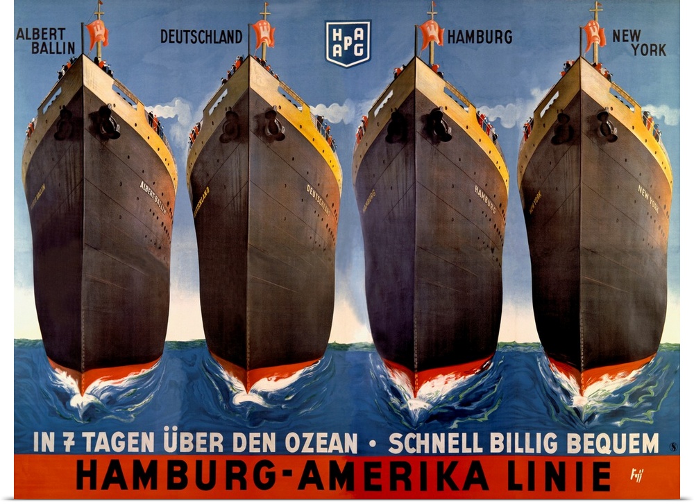 Vintage poster advertising ships.  There are four images of ships with the text "Alber Ballin, Deutschland, Hamburg, and N...