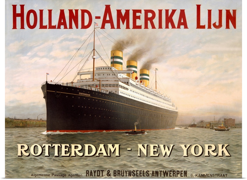 Advertisement for travel by ship from Netherlands to the United States. The ocean liner has three striped chimneys.
