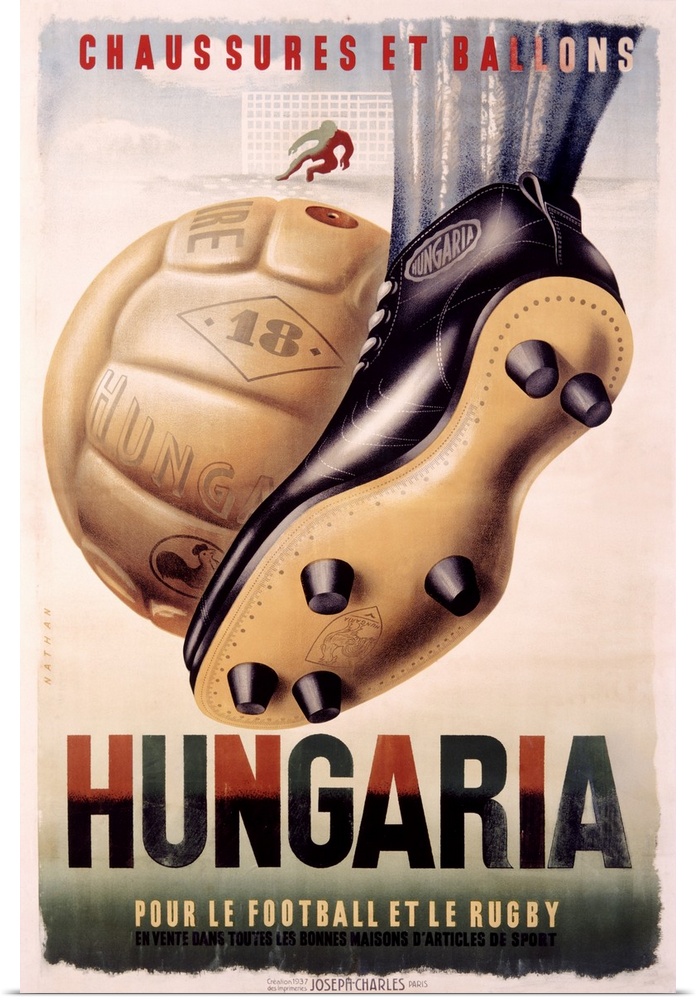 Large antique poster of a player kicking a ball towards a net.