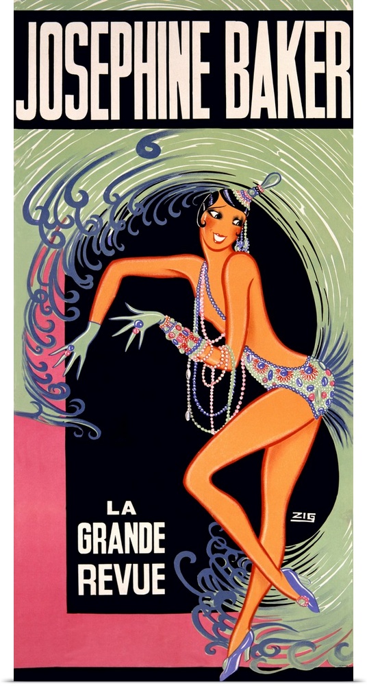 An advertisement for the African-American dancer, singer, and actress who immigrated to France; this poster is very tall a...
