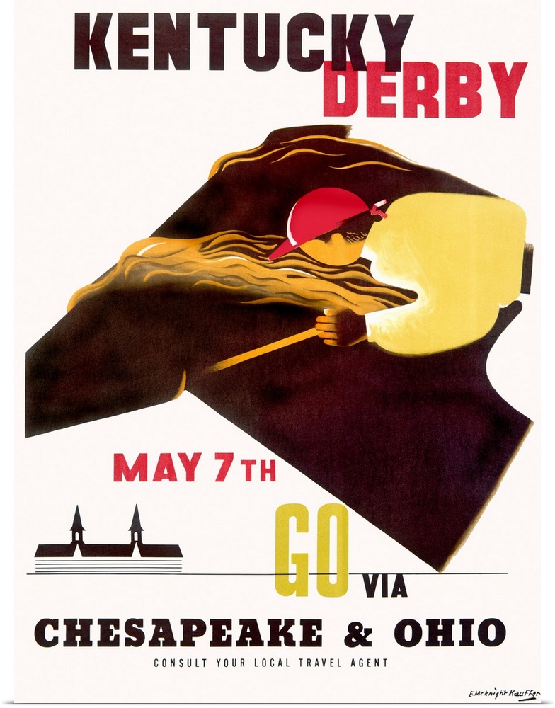 Portrait, large vintage advertisement for the Kentucky Derby.  An illustration of a jockey on a horse, with text above and...