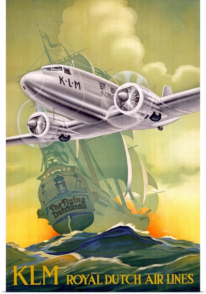 Large antique art portrays an advertisement for a company offering airplane transportation.  In the advertisement, a big t...