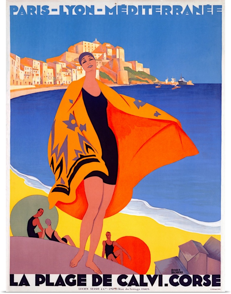 Photograph of classic Art Deco poster that is bold and colorful.  The poster captures the essence of vacation travel throu...