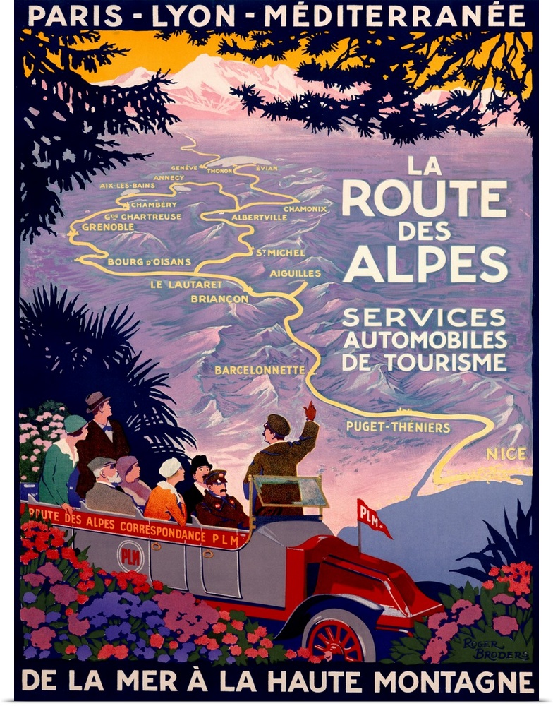 This is a retro travel poster of a tour guide pointing out a map through the mountains of France to the Mediterranean sea.