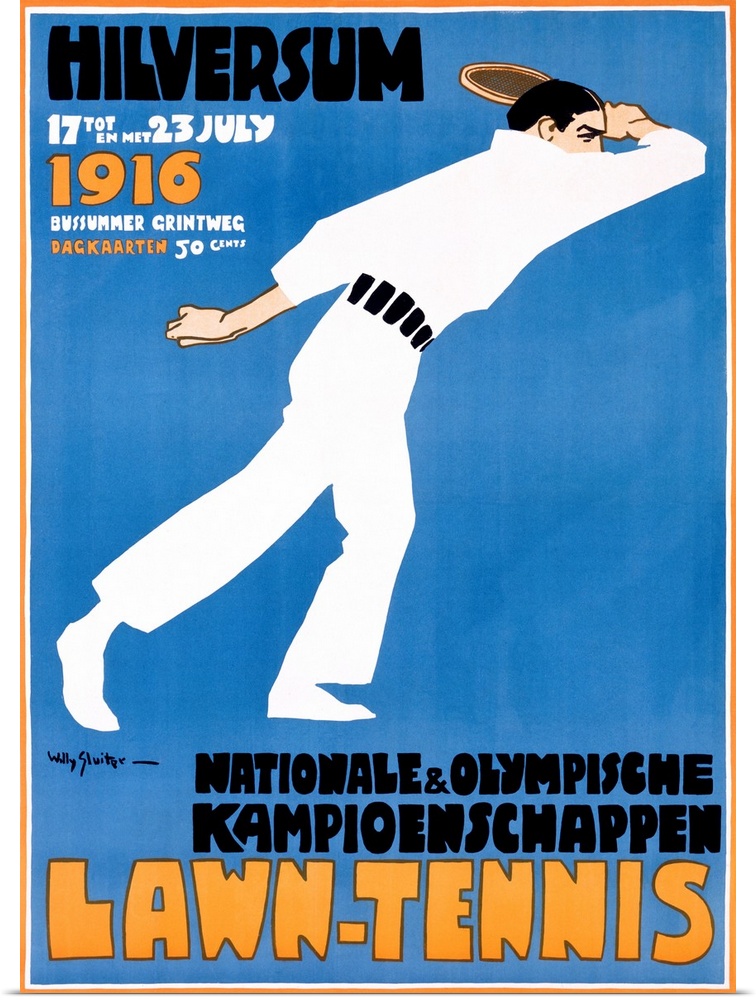 This is an Art Deco style poster in German advertising an even by showing a tennis player against a flat backdrop.