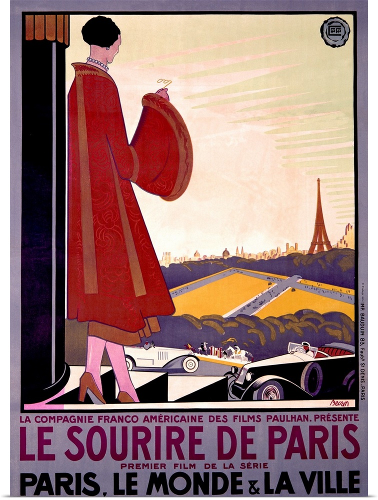 Big, vertical, vintage advertisement for the French film Le Sourire de Paris, a woman in an extravagant coat leans against...
