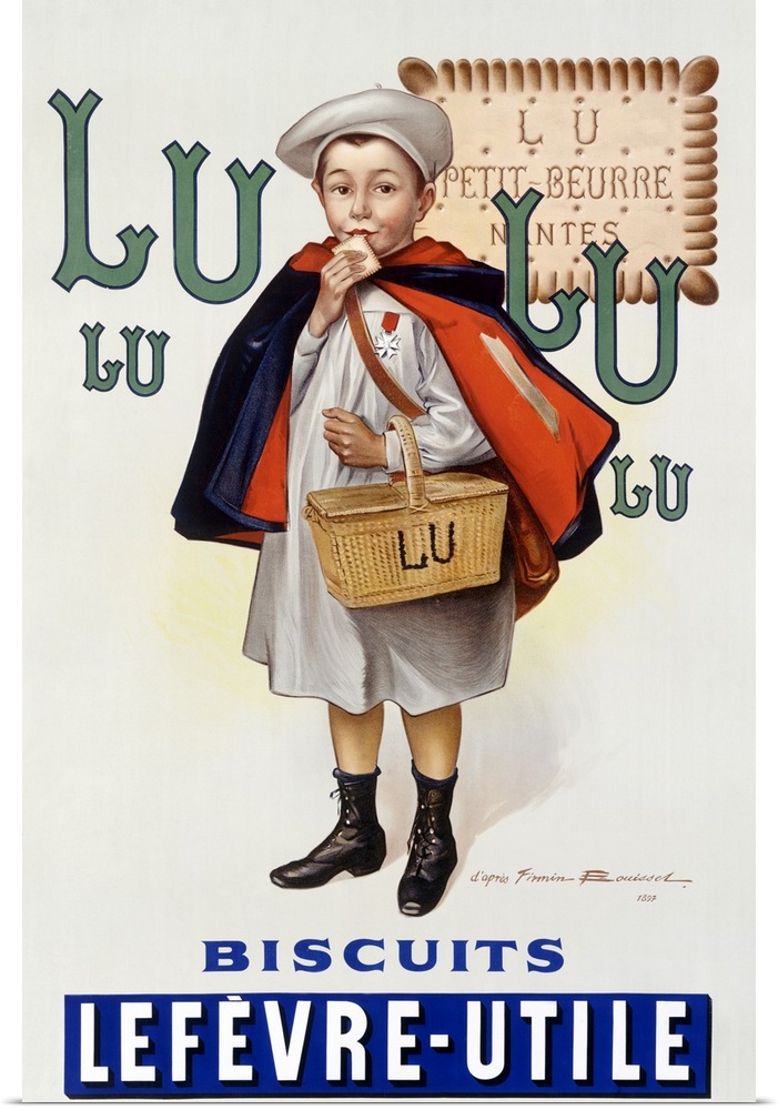 Retro poster on canvas of a painting of a boy holding a basket eating a biscuit.