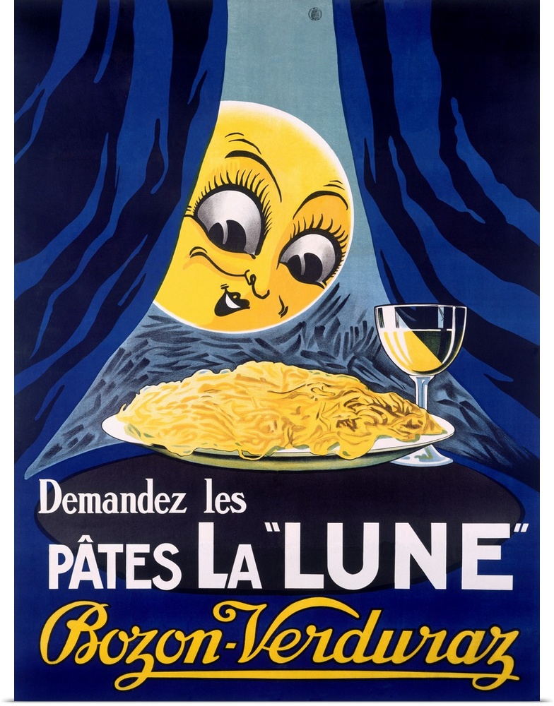 A large vintage poster of a yellow moon peering through curtains at a plate of spaghetti and wine glass.