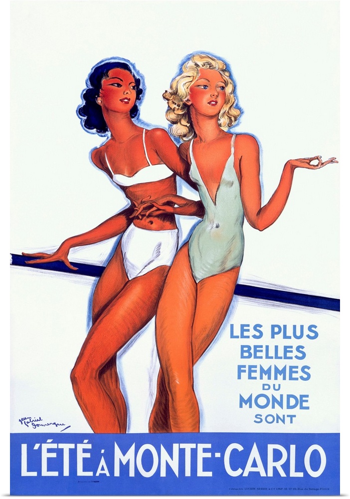 A vintage painting of two women in bathing suits printed on canvas.