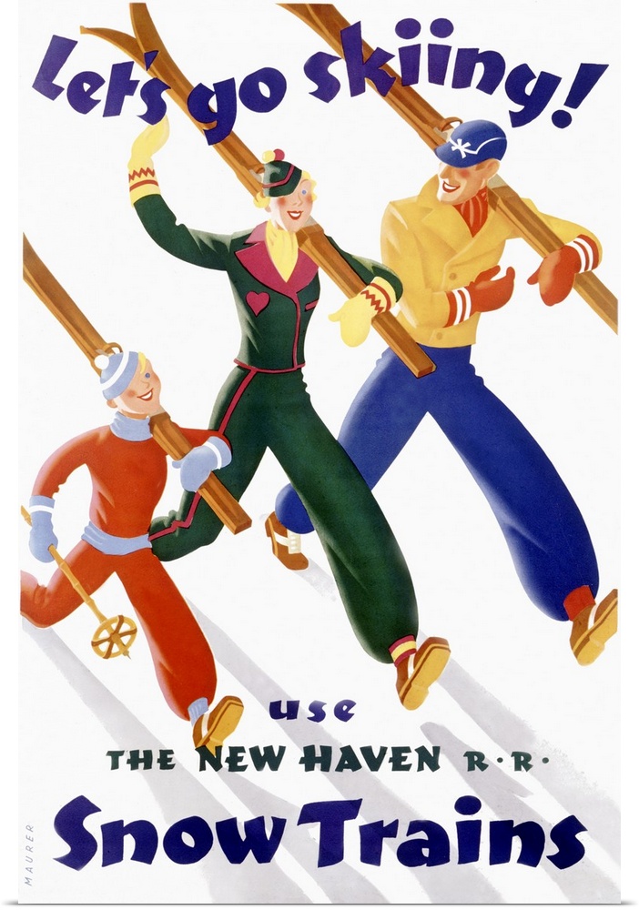 Big, vertical vintage advertisement for the New Haven R.R. Snow Trains.  Three people walk down a snowy slope with skis in...