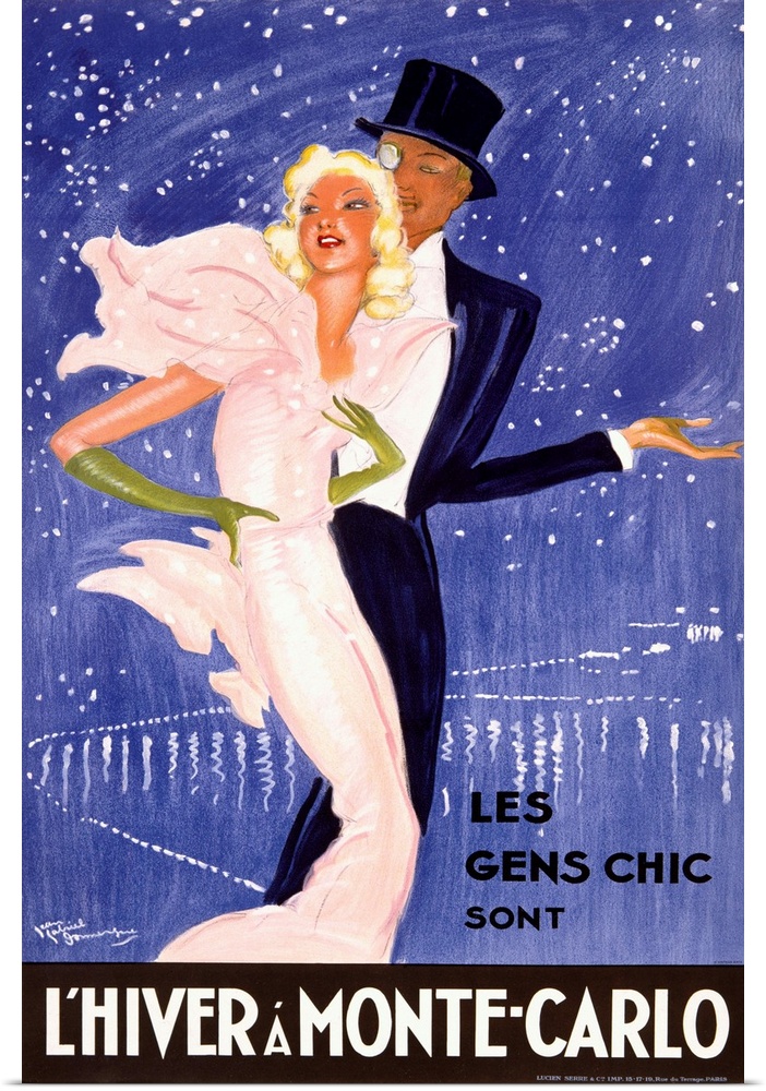 Vintage artwork of a glamorous couple with the man wearing a tuxedo and top hat and the woman wearing a sparkling gown and...