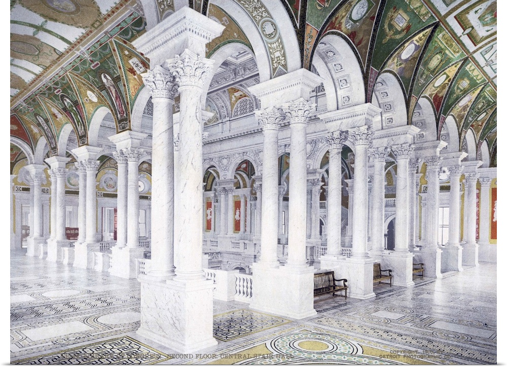 Antiqued photo of the inside of the Library of Congress with a bunch of pillars and painted ceilings.