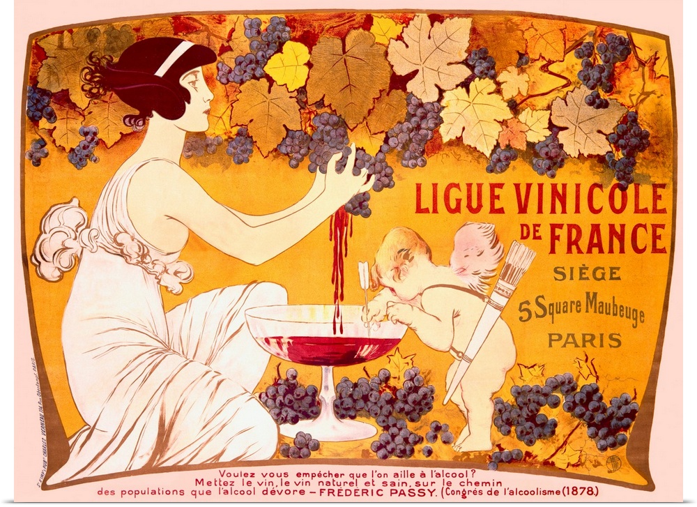 Vintage styled poster of a woman squeezing juice out of grapes in to a giant wine glass with cupid stirring the mixture wi...