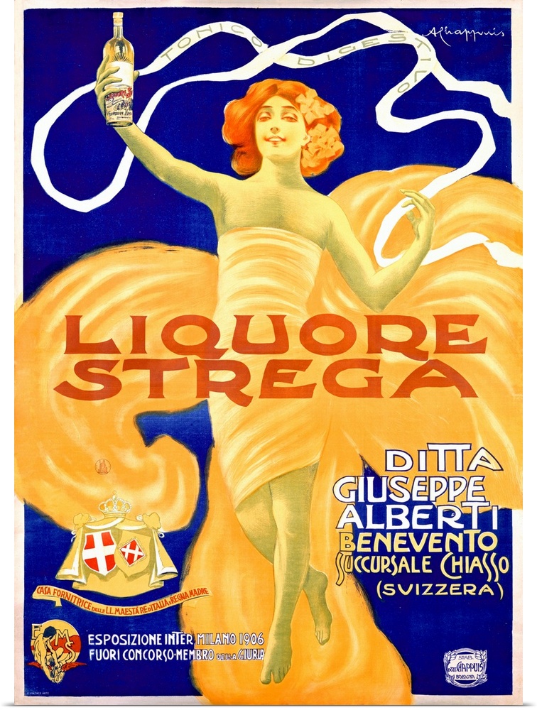 Wall art of an antiqued advertisement with a woman in a long dress holding up a wine bottle with text over top of the image.
