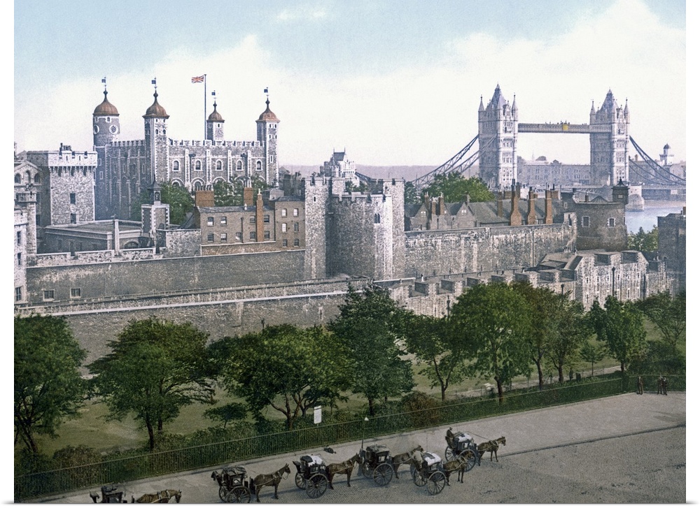 A vintage urban landscape photograph of the Tower of London with horse drawn carts outside that has been tinted with color...