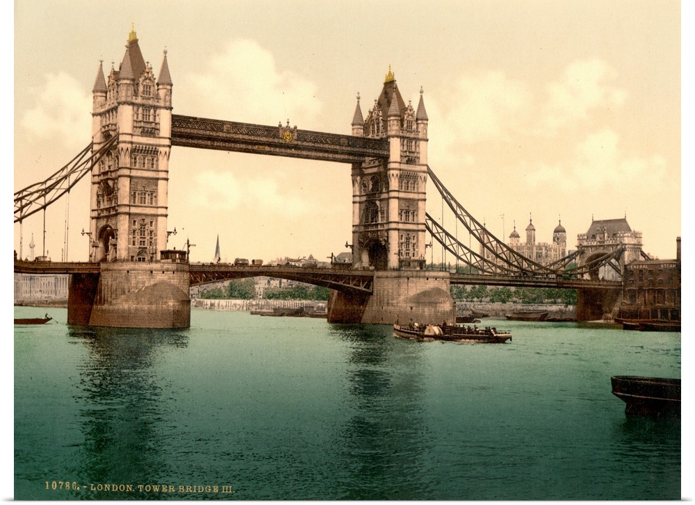 Hand colored photograph of London tower bridge.