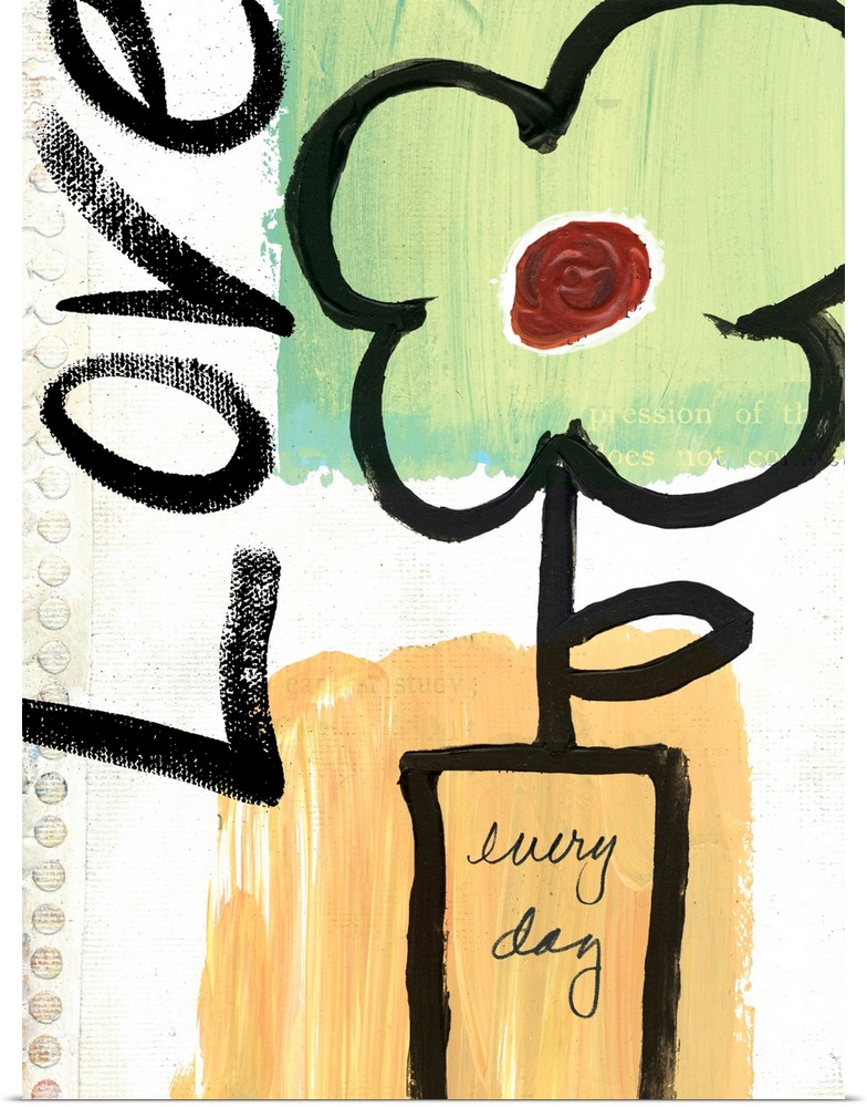 Simple artwork of a flower in a vase and the word "love," drawn in thick brushstrokes on a piece of notebook paper.