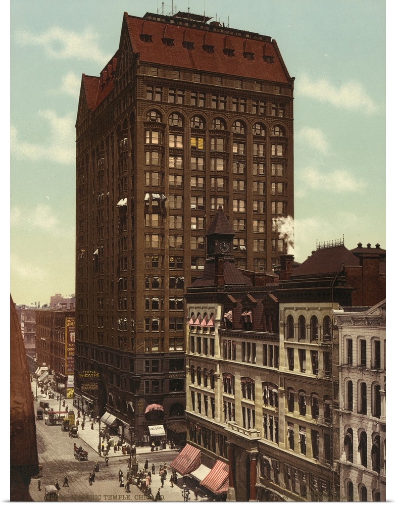 Hand colored photograph of masonic temple, Chicago.
