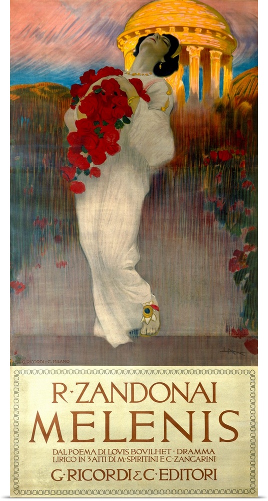 Long vertical piece of a woman wearing a white gown and clutching a bouquet of red roses to her chest as she leans her hea...