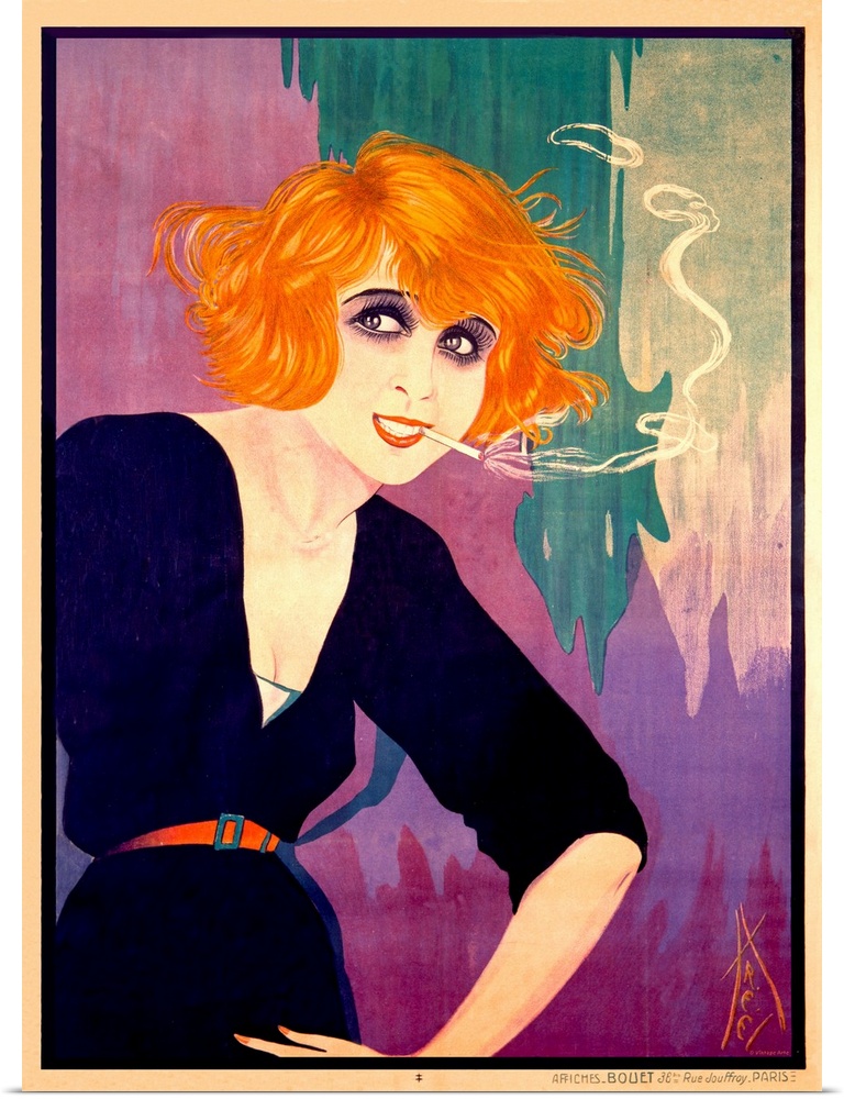 Old poster artwork of a woman hunched over smoking a cigarette with a colorful abstract background.