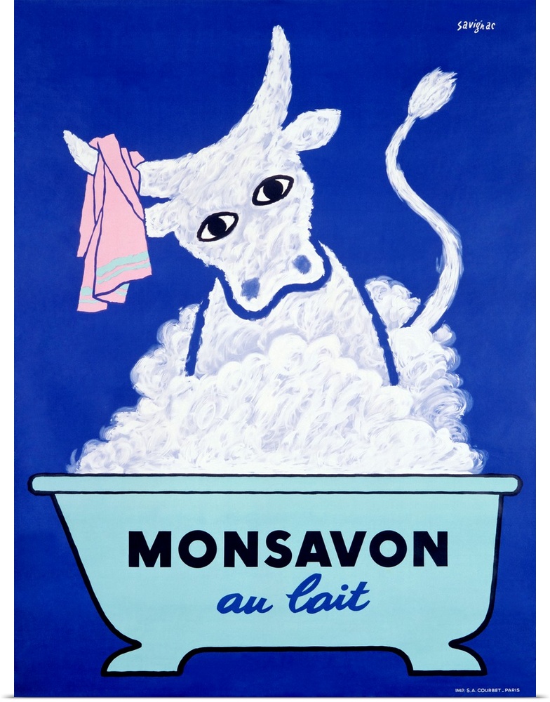 Old poster artwork showing a bull in a bubble bath with wash cloth hanging from its horns.