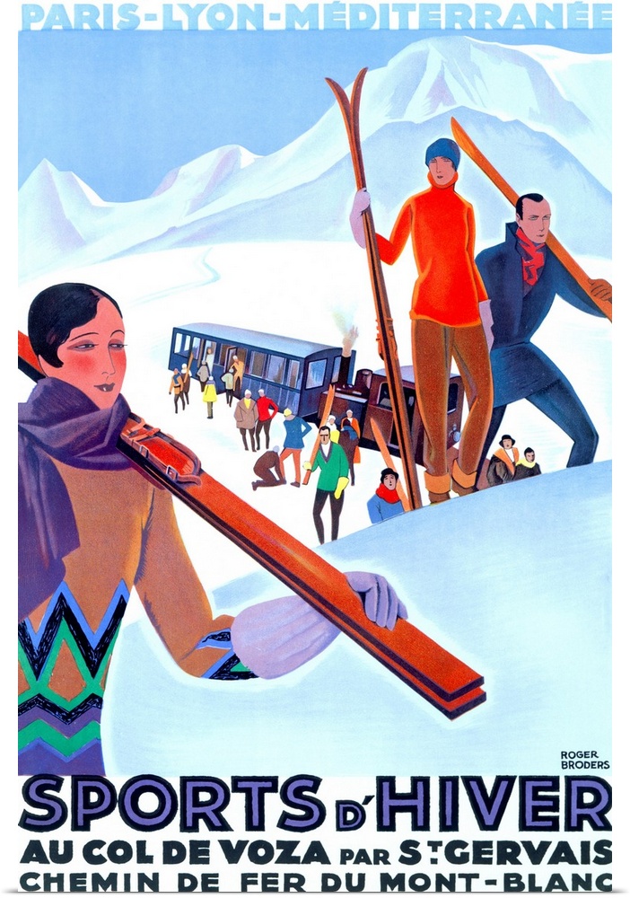 Old advertising poster for vacation travel.  Colorful image of skiers unloading from a trolley in snow covered mountains o...