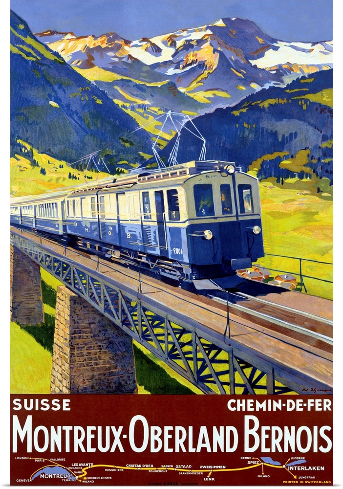 Old advertising print for train.  There is an image of train crossing a  bridge with snow covered mountains in the distance.