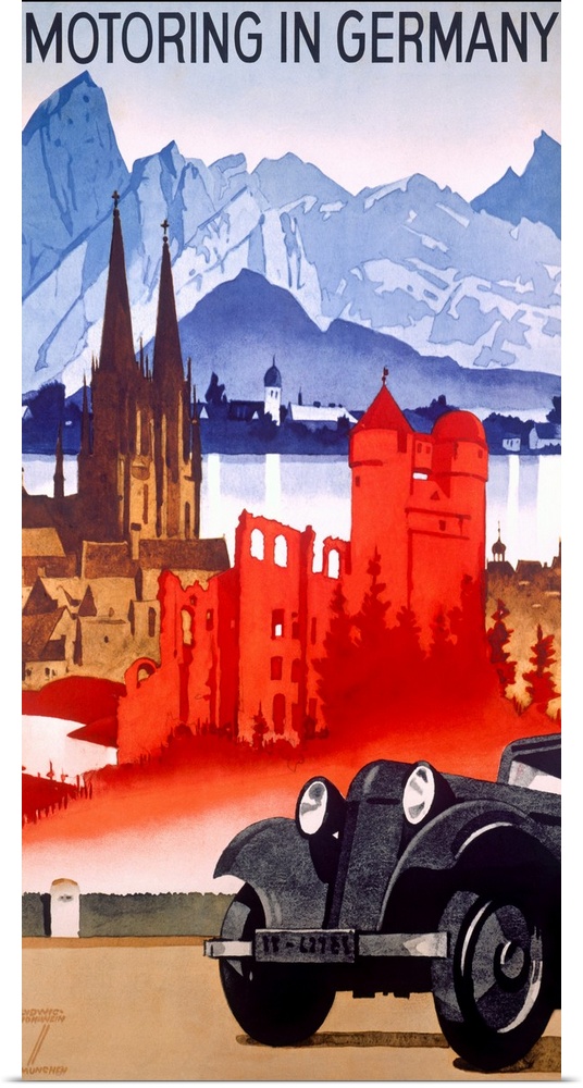 Vintage car advertisement poster for German cars with the front of a car parked on the road and famous German castles, mou...