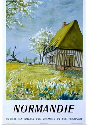 Normandie, House and Flowers, Vintage Poster