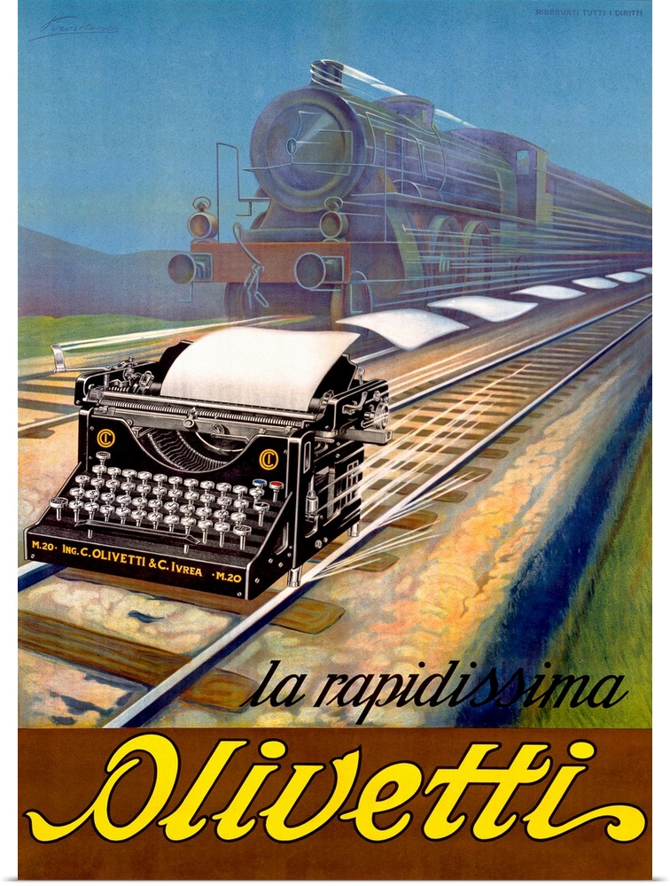 This is an antique advertisement for a typewriter that illustrates the typewriteros speed by showing it speeding down a tr...