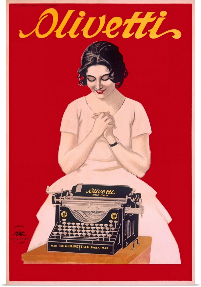 Large, vertical, vintage advertisement for Olivetti typewriters, a woman in a dress, happily looks down at a typewriter si...