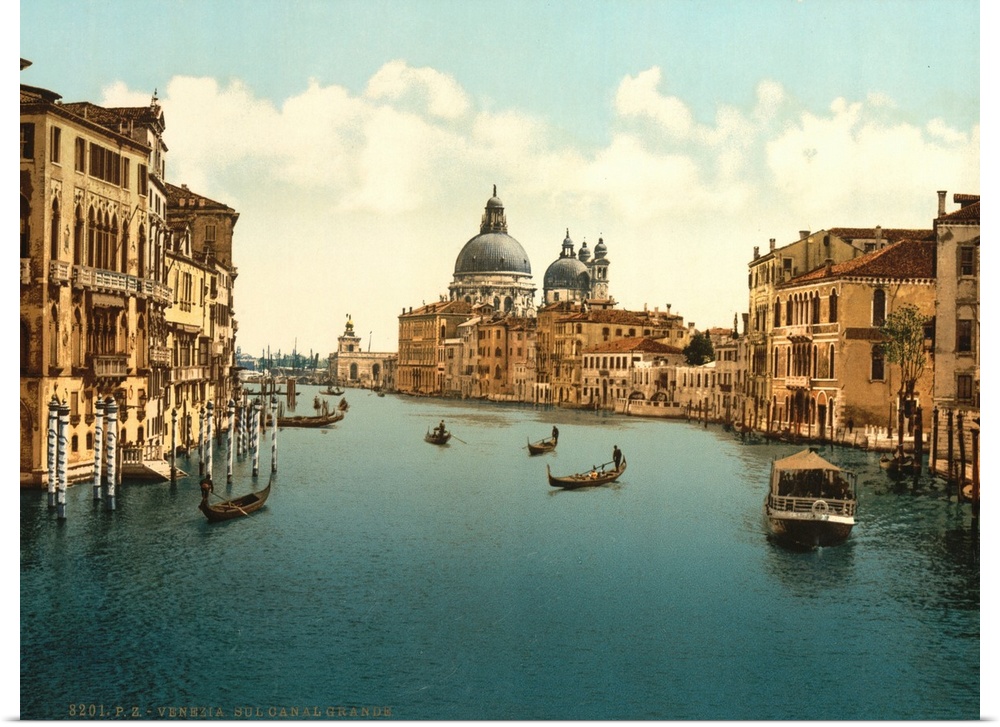 Hand colored photograph of on the grand canal, Venice, Italy.