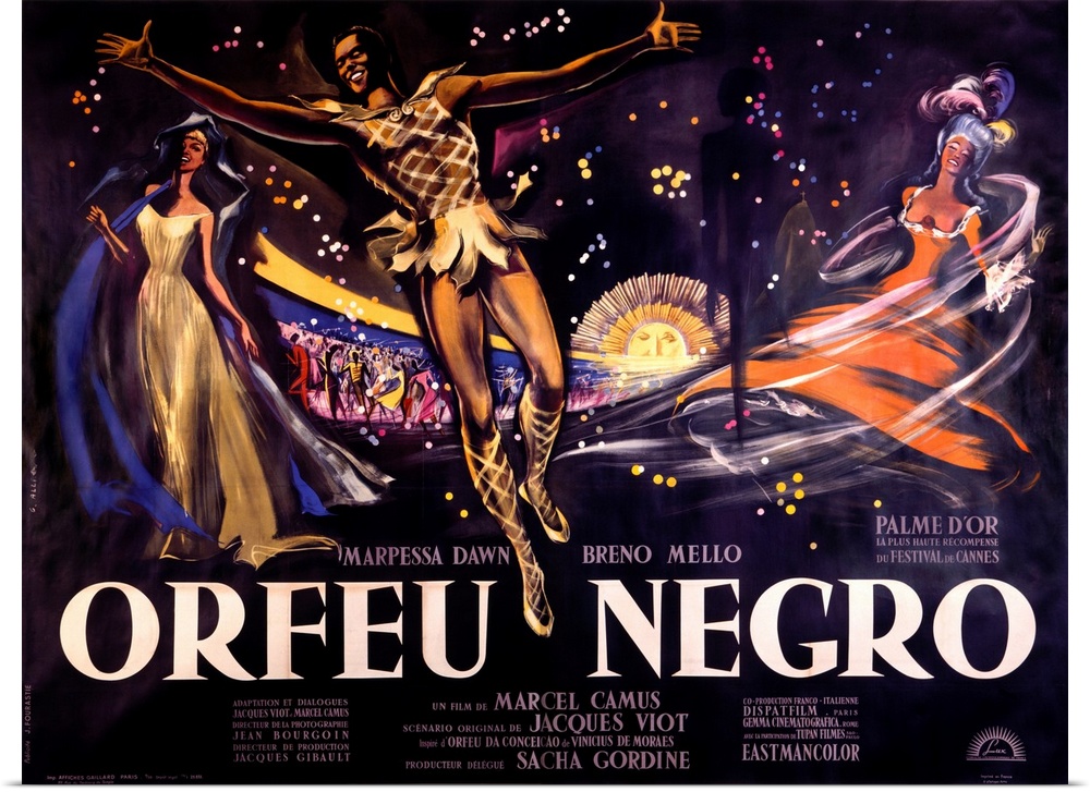 Vintage poster of the Orefu Negro. Three characters are drawn in the foreground all in movement and wearing decorative cos...