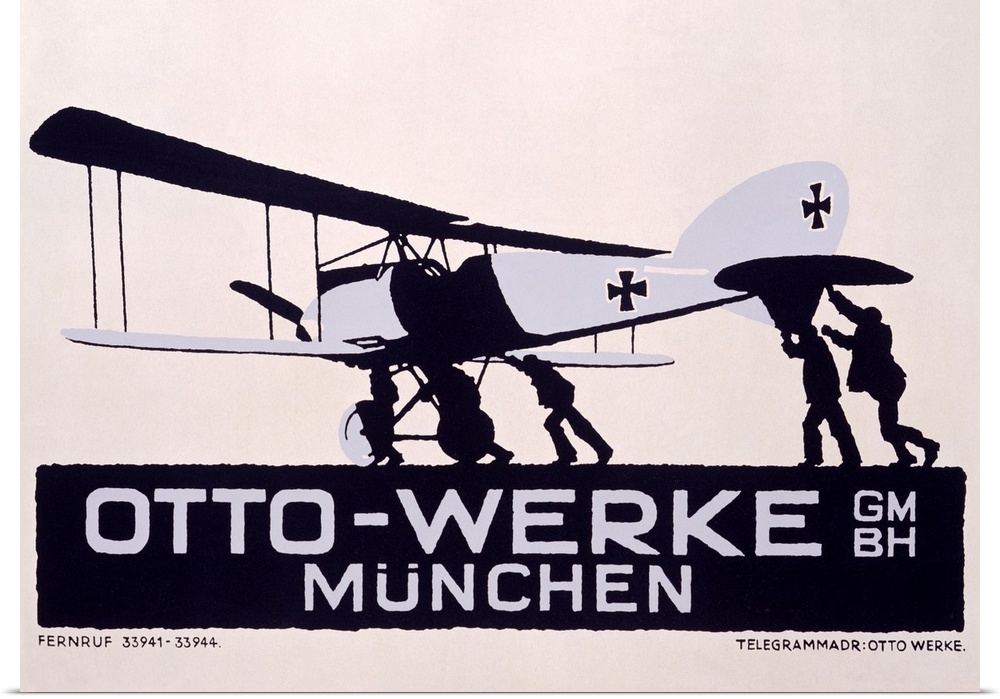 Vintage poster of several men pushing a small aircraft about to take off.