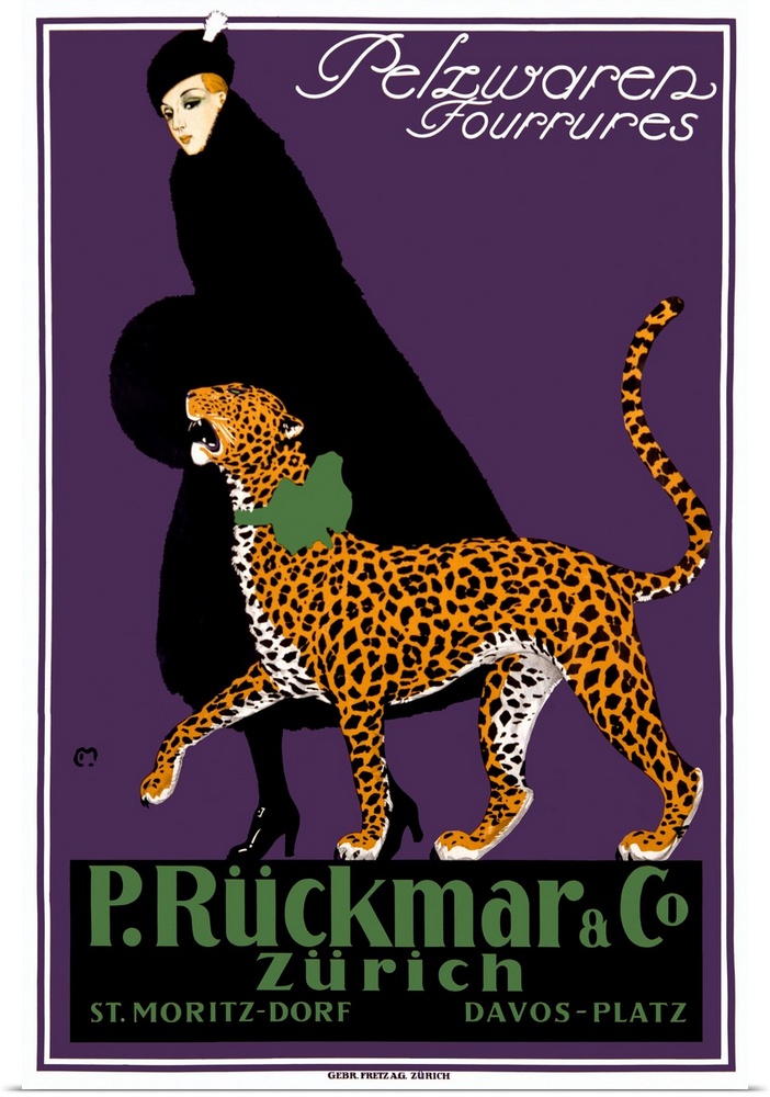 Vintage travel poster for Zurich of a woman in a black hat and dress coat walking side by side a growling leopard with a g...