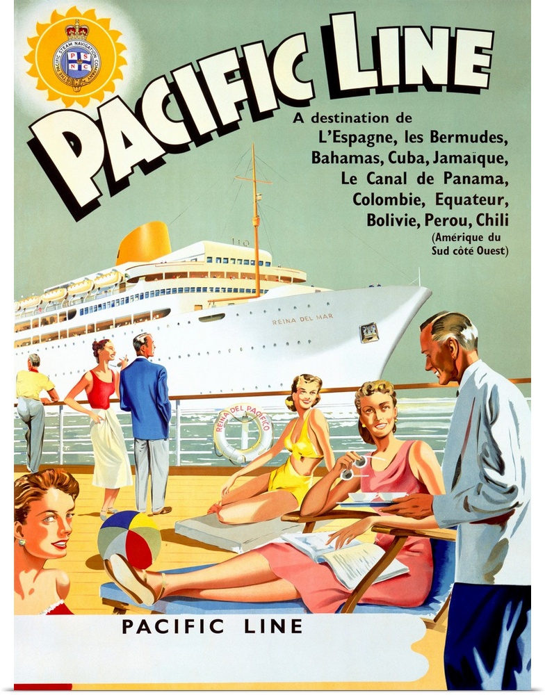 Retro poster on canvas of people lounging on the deck of a cruise ship with another cruise ship in the distance.